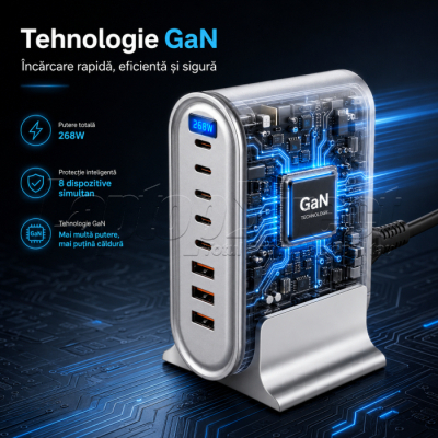 Stație de încărcare GaN 268W — 8 porturi