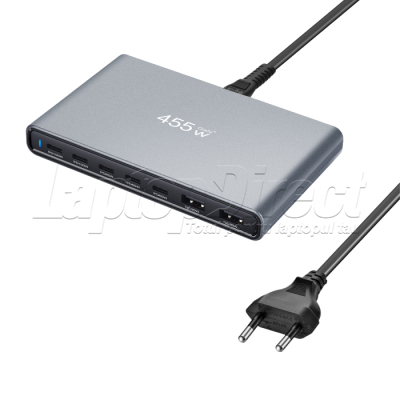 Stație de încărcare GaN5 455W — dimensiuni față de un telefon